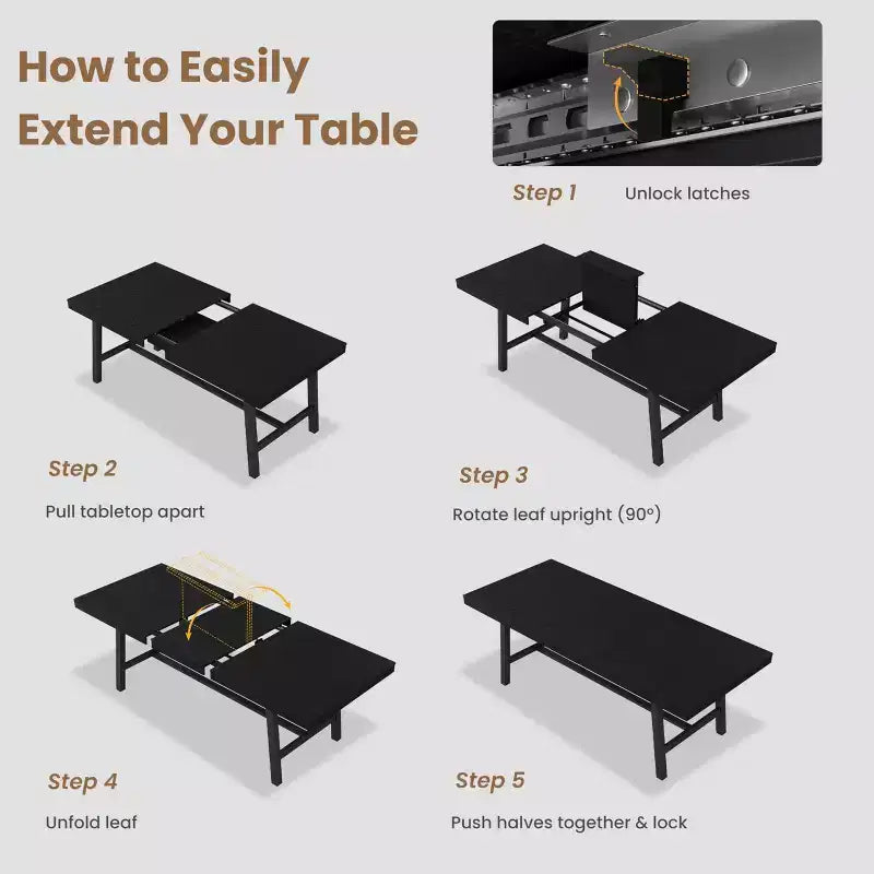 Mesa de comedor industrial extensible de 63-83. Mesa de cocina rectangular extensible para 6-8 personas. Estructura metálica para el comedor