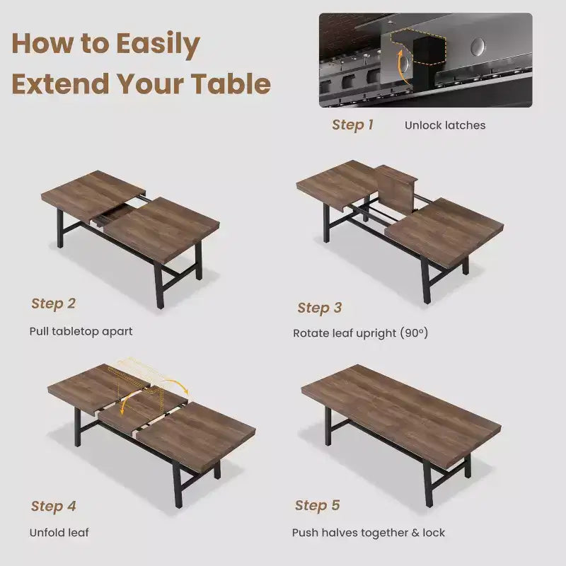 Mesa de comedor industrial extensible de 63-83. Mesa de cocina rectangular extensible para 6-8 personas. Estructura metálica para el comedor