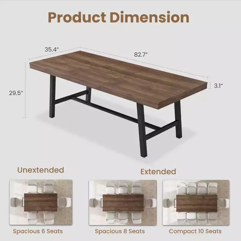 Mesa de comedor industrial extensible de 63-83. Mesa de cocina rectangular extensible para 6-8 personas. Estructura metálica para el comedor