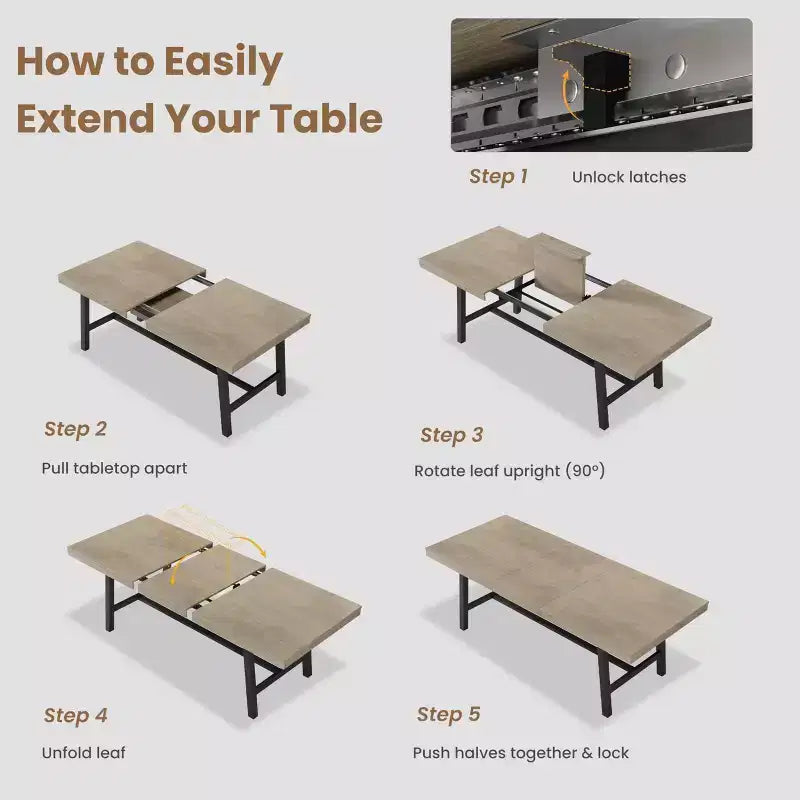 Mesa de comedor industrial extensible de 63-83. Mesa de cocina rectangular extensible para 6-8 personas. Estructura metálica para el comedor