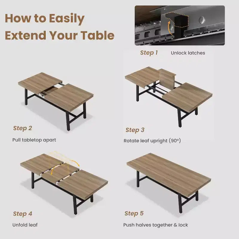 Mesa de comedor industrial extensible de 63-83. Mesa de cocina rectangular extensible para 6-8 personas. Estructura metálica para el comedor