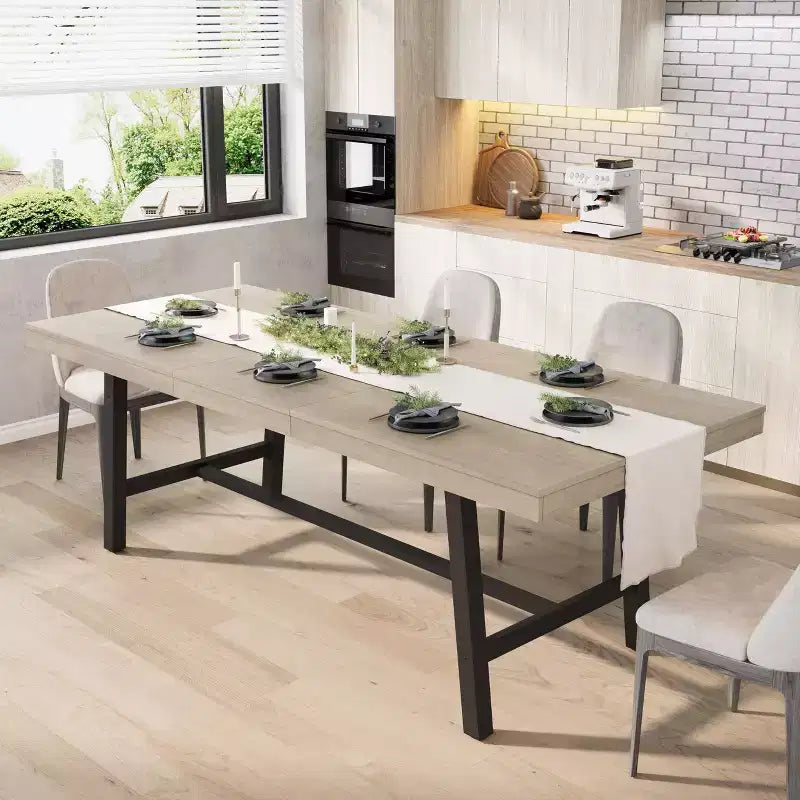 Table de salle à manger industrielle extensible de 63-83. Table de cuisine rectangulaire extensible pour 6 à 8 personnes. Structure métallique pour salle à manger
