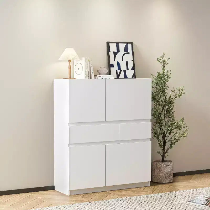 Armario de almacenamiento de madera blanca con 4 puertas y 2 cajones
