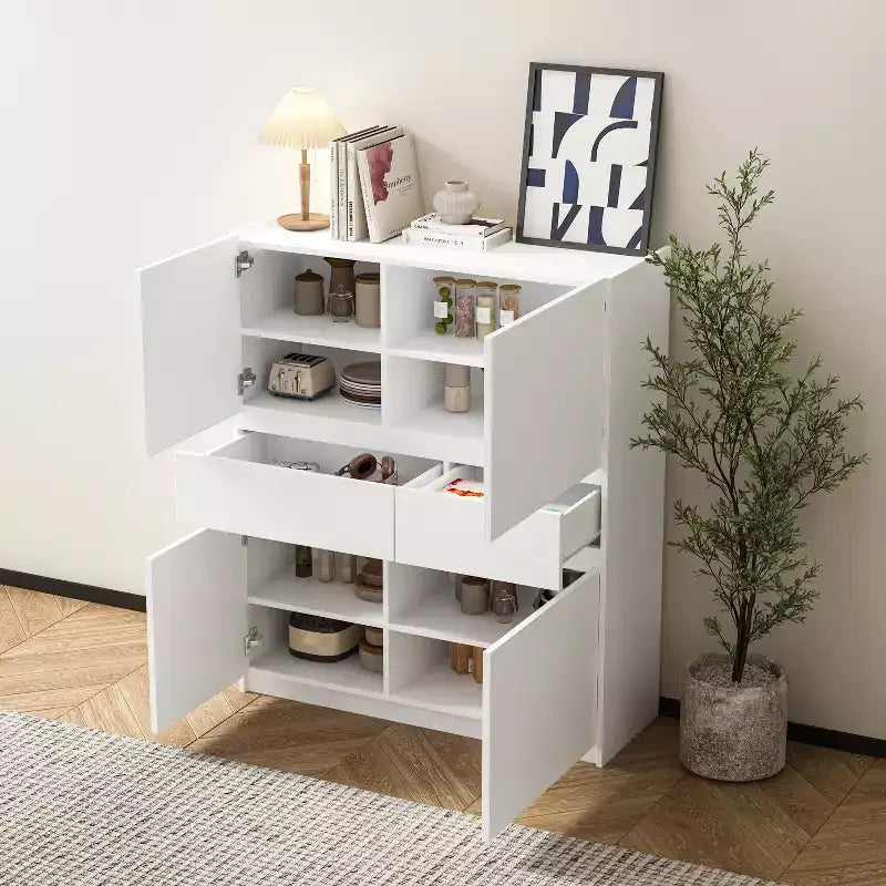 Armario de almacenamiento de madera blanca con 4 puertas y 2 cajones
