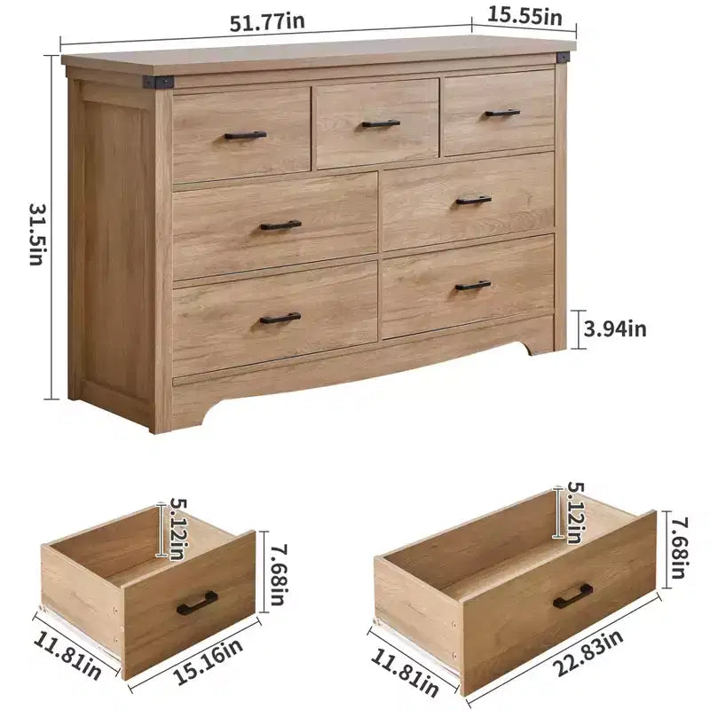Kommode im Landhausstil mit 7 Schubladen fürs Schlafzimmer, 31.4 hohe Kommode, rustikale Holzkommode mit Metallgriffen, Aufbewahrungsschrank fürs Schlafzimmer